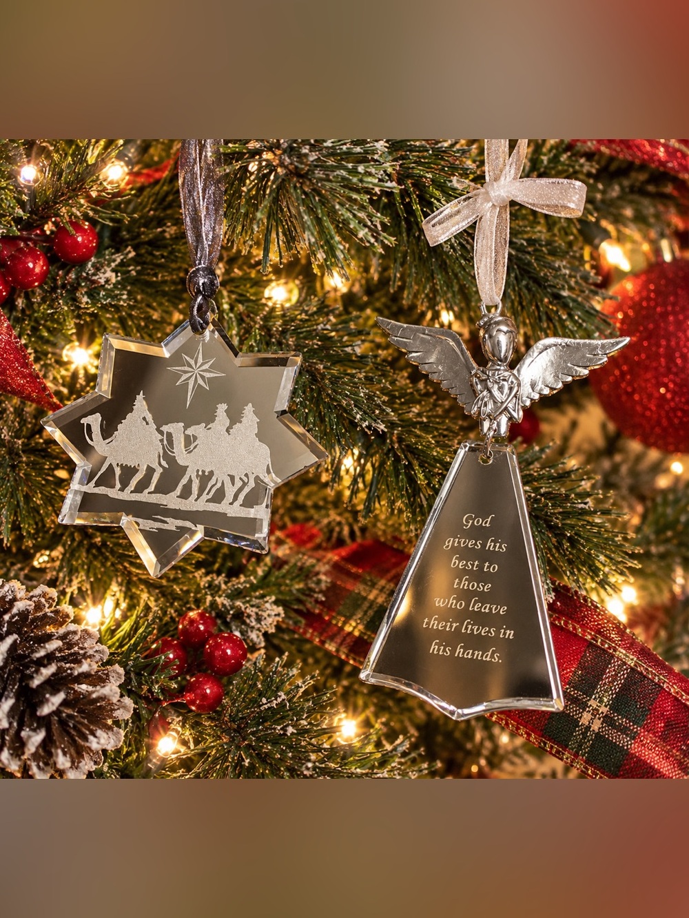 Religious Christmas Ornaments Mirrored Angel Bible Verse Three Kings Set of 2